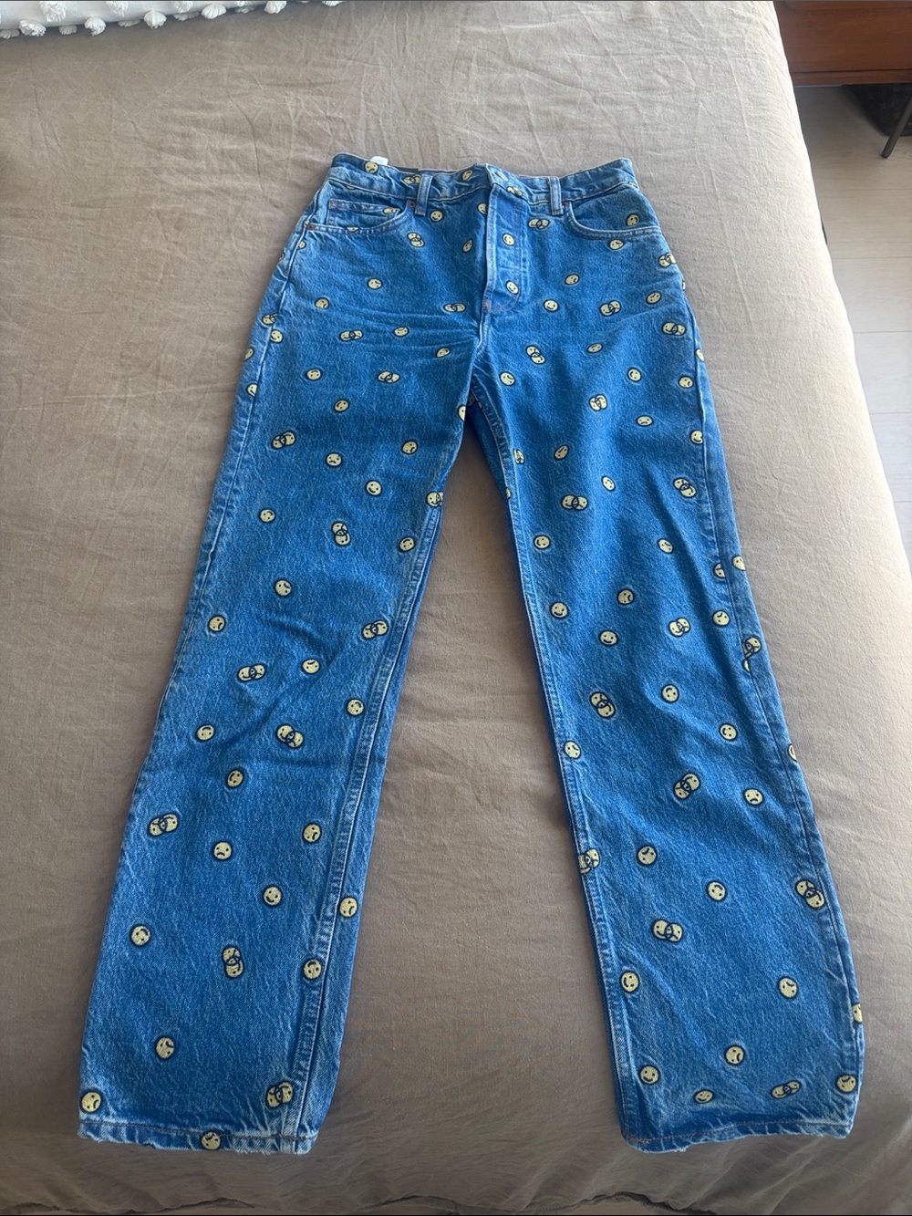 Reformation Blue Straight-Leg Jeans with Yellow Emoji Print